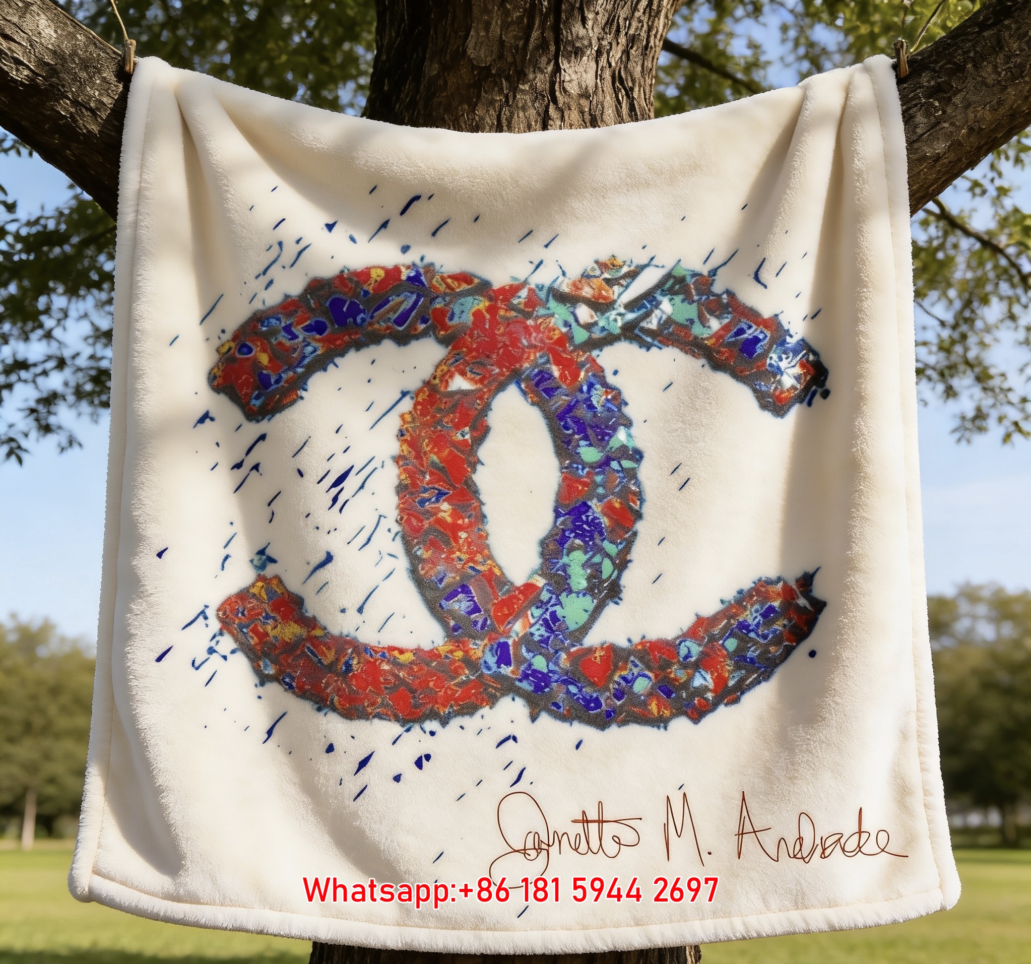 Chanel Red Blue Mosaic Splatter CC Logo Flannel Sofa Throw Blanket IMG_6841